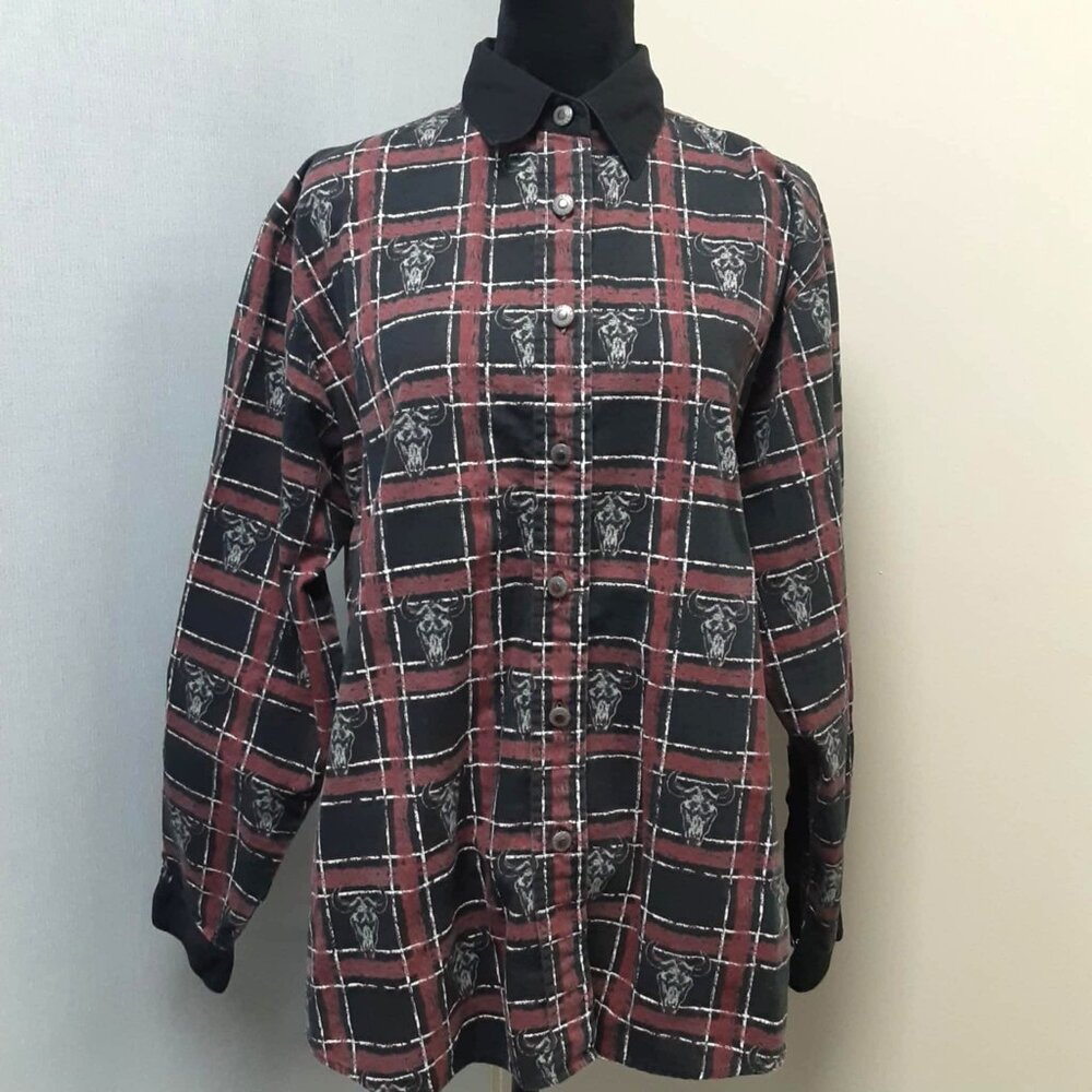 Vintage 90s Wrangler Western Shirt Women Large Cow Head Skull Rodeo All Over